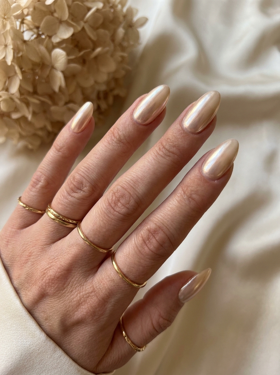 Champagne Pearl Wedding Nails als Fall Wedding Nails Inspiration 2026